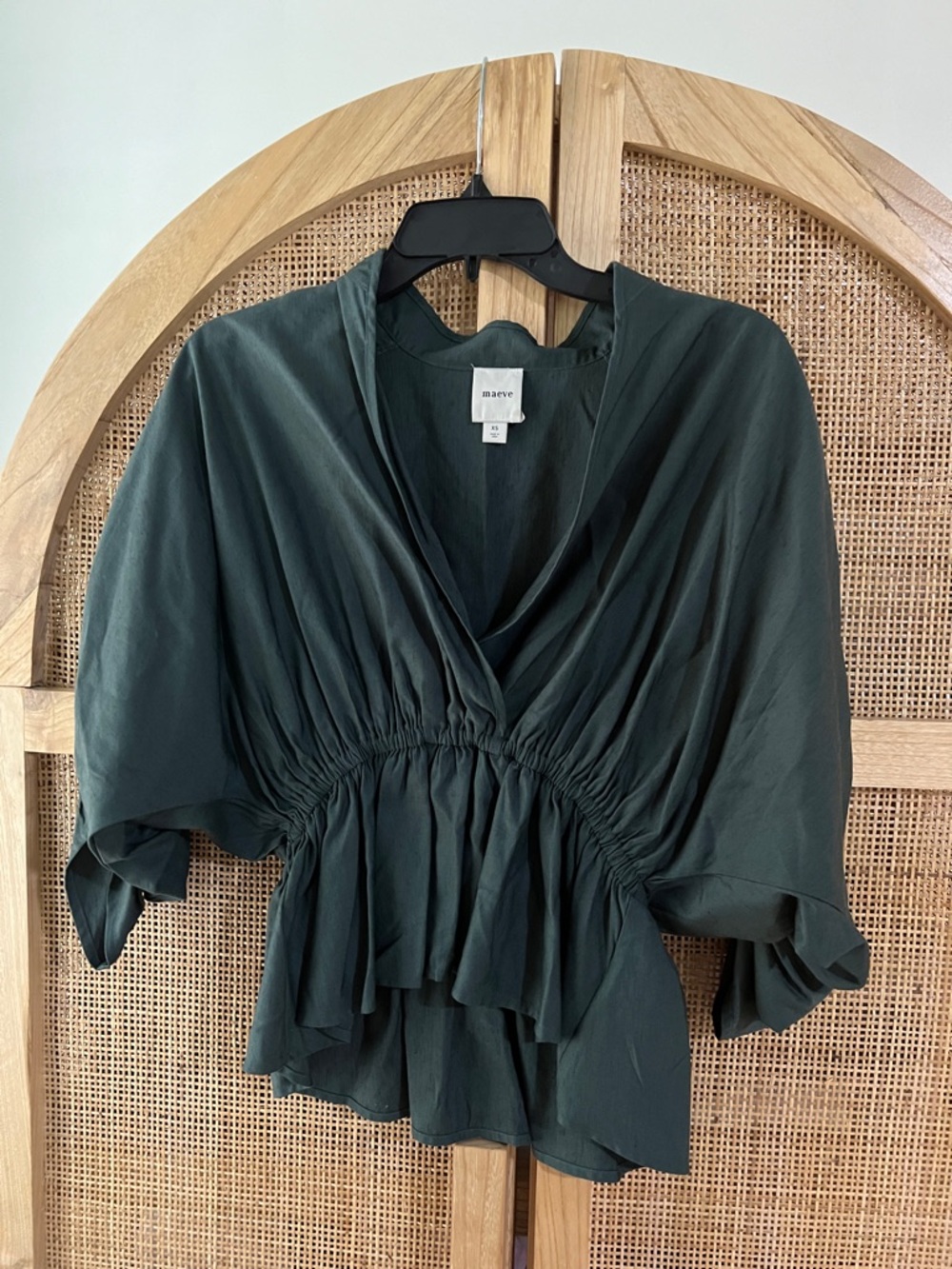 Maeve Forest Green Gathered V-Neck Peplum Blouse
